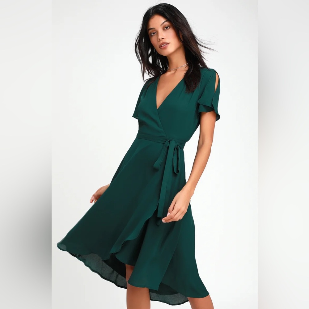 Lulus Rise to the Occasion Emerald Green Midi Wrap Dress